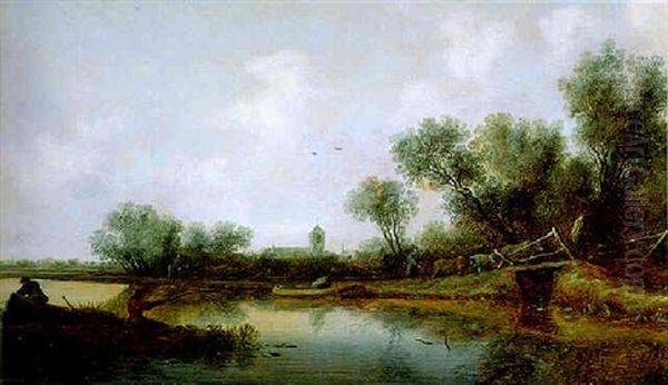 Flusslandschaft Mit Zwei Fischern Links Im Vordergrund Oil Painting by Salomon van Ruysdael