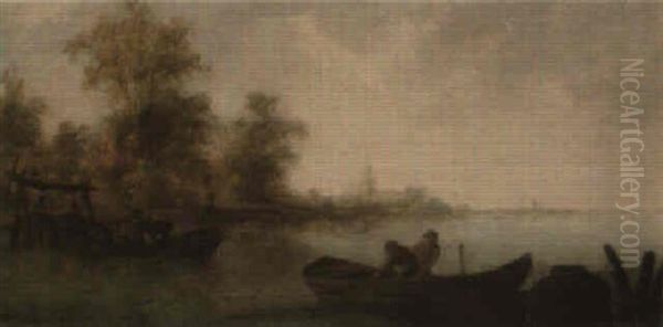 River Landscape With Fishermen At Their Nets Oil Painting by Salomon van Ruysdael