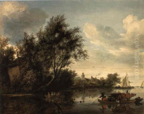 A River Landscape With A Hayloft Among Trees, A Ferryboat. . . Oil Painting by Salomon van Ruysdael