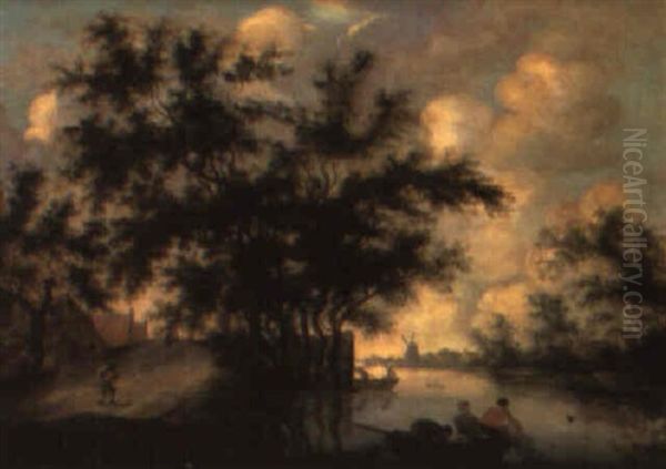 A River Landscape With A Traveller On A Path, Fishermen In The Foreground Oil Painting by Salomon van Ruysdael