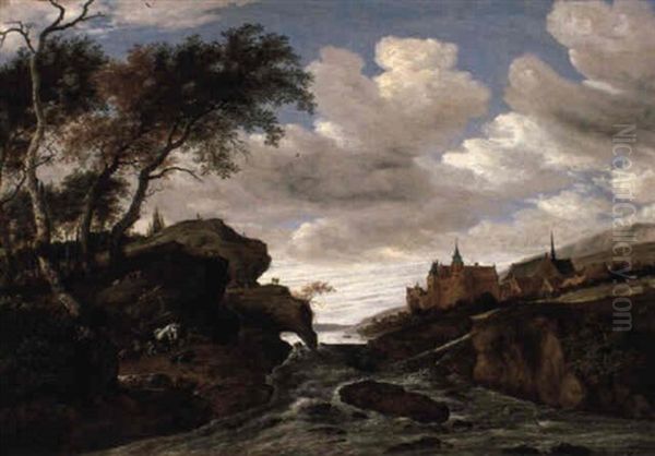 Rocky Landscape With Waterfall Oil Painting by Salomon van Ruysdael