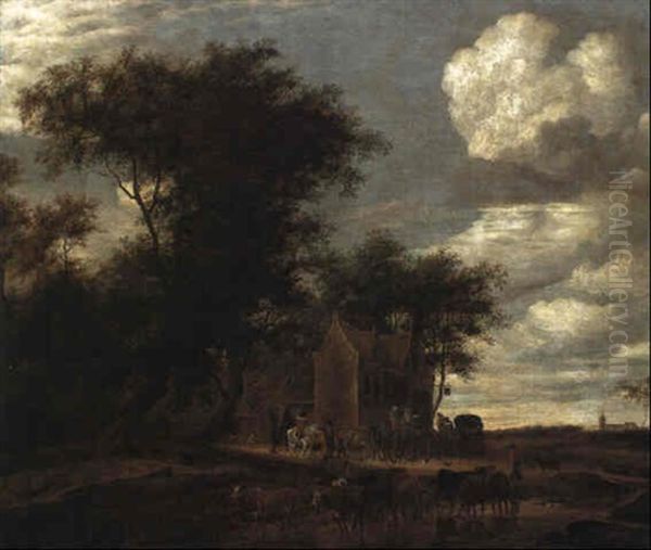 A Wooded Landscape With A Drover Watering His Herd And Travellers Oil Painting by Salomon van Ruysdael