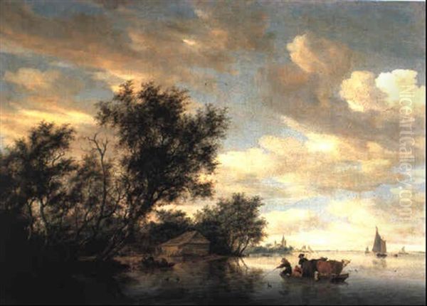 A River Landscape With Peasants And Cattle On A Ferry by Salomon van Ruysdael