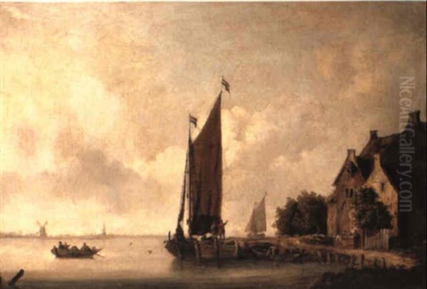 A Cottage By A River With A Smalschip Moored At A Wharf Oil Painting by Salomon van Ruysdael