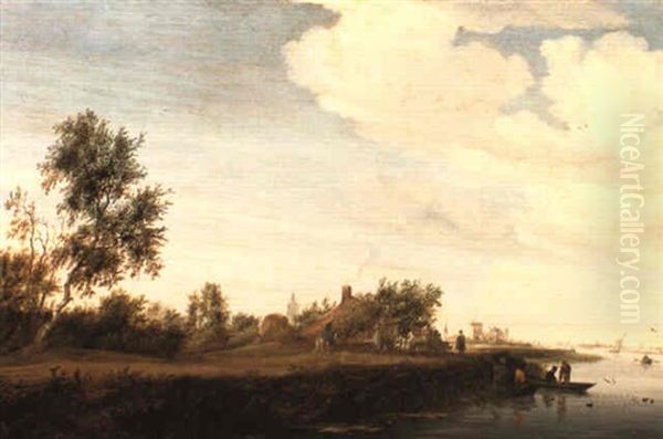 A River Landscape With Riders And A Coach On The Towpath by Salomon van Ruysdael