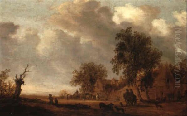 A Landscape With Travellers By A Village Oil Painting by Salomon van Ruysdael