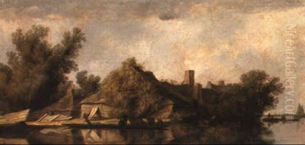 A River Landscape With Peasants Ferrying Cattle And Buildings On A Bank Oil Painting by Salomon van Ruysdael