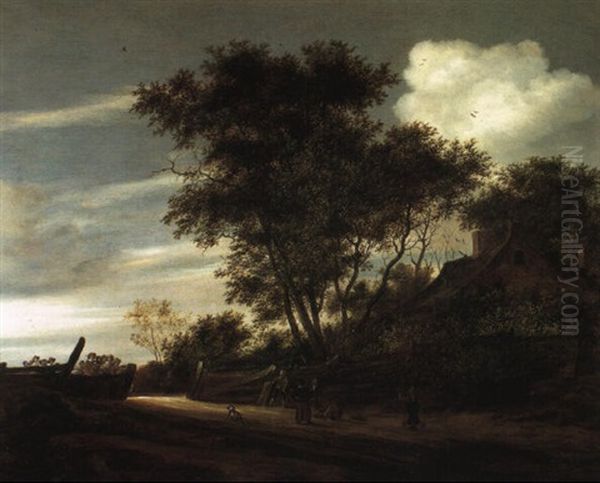 Wooded River Landscape With Children Playing On A Path Oil Painting by Salomon van Ruysdael