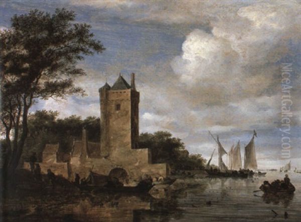 Landscape With Numerous Boats On A River Near A Town Oil Painting by Salomon van Ruysdael