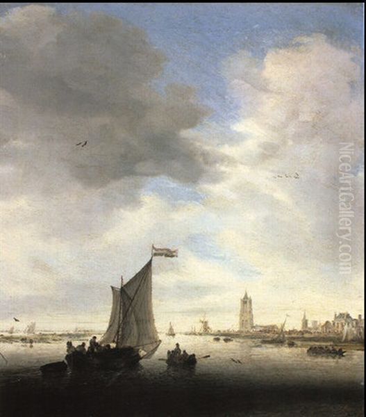 Wijdschip And Other Small Dutch Vessels On The River Waal Oil Painting by Salomon van Ruysdael