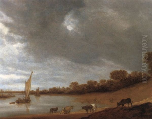 Fluslandschaft Mit Segelbooten Und Einer Herde Am Ufer Oil Painting by Salomon van Ruysdael