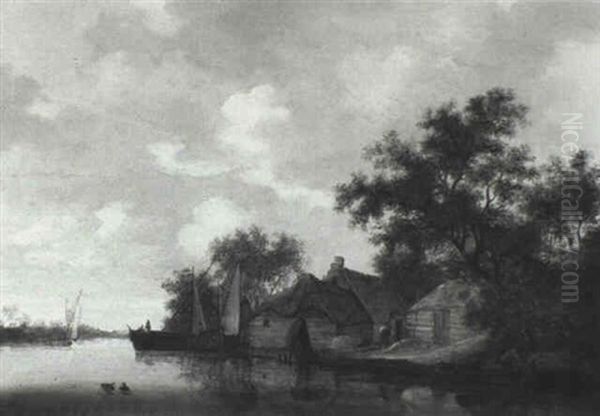 Thatched Cottages By A River With Figures In Boats Oil Painting by Salomon van Ruysdael