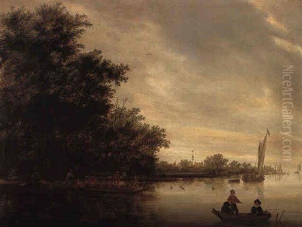 River Landscape With Fishermen And Ferry Oil Painting by Salomon van Ruysdael