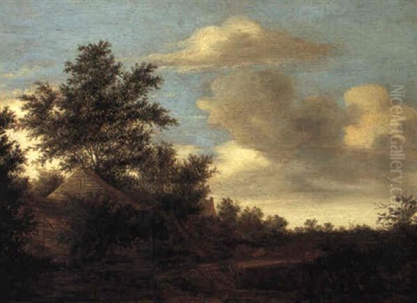 Landscape With Buildings And Cattle By A River Oil Painting by Salomon van Ruysdael