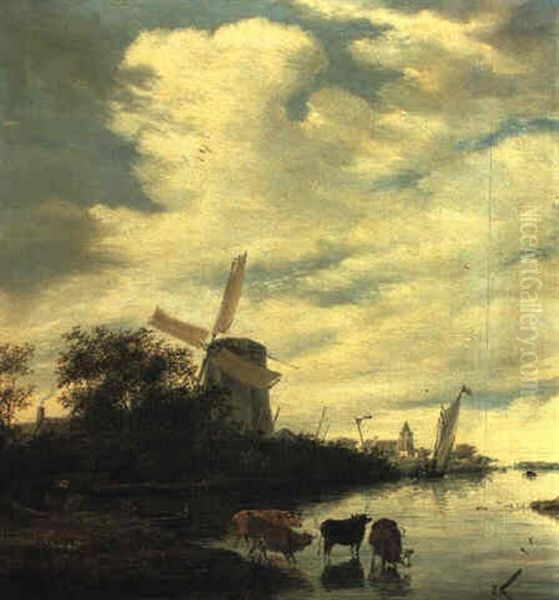 River Landscape With Cows Watering And Fishermen In A Rowing Boat Oil Painting by Salomon van Ruysdael