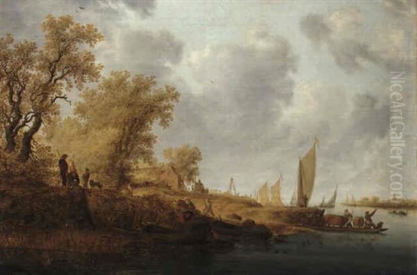 Peasants And Shepherds By A Ferry Oil Painting by Salomon van Ruysdael