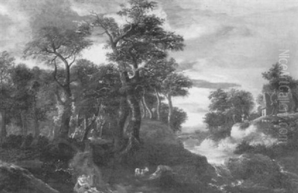 A Rocky Wooded River Landscape With A Peasant Man And       Goatherd Resting By A Pool Oil Painting by Salomon van Ruysdael