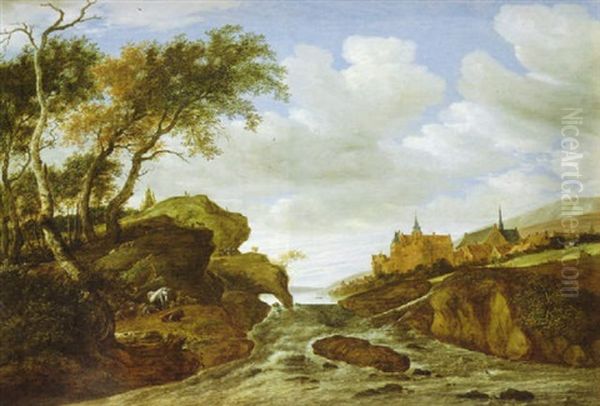 Rocky Landscape With Waterfall Oil Painting by Salomon van Ruysdael