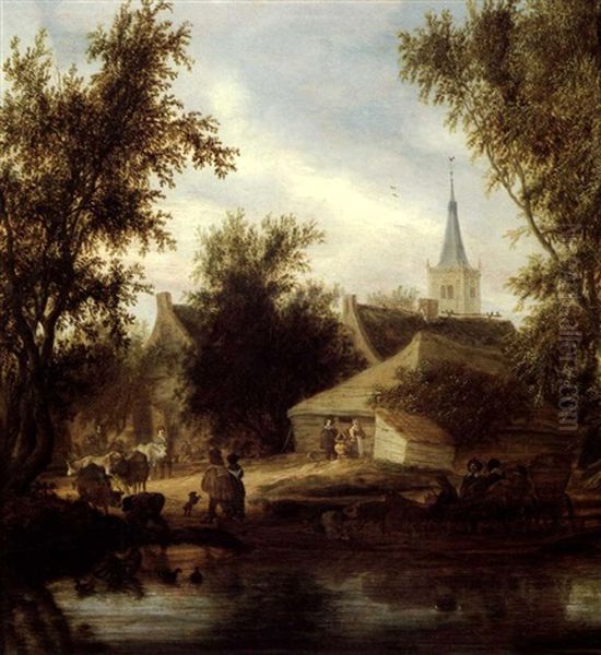 A Ferry At The Outskirts Of A Village Oil Painting by Salomon van Ruysdael