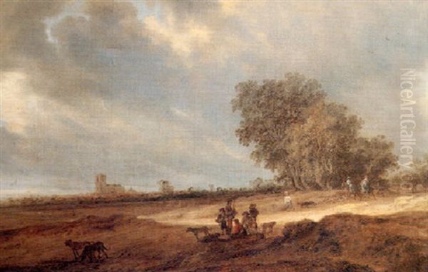 A Dune Landscape With Figures Resting And A Couple On Horse-back, A View Of Nijmegen Cath-edral Beyond Oil Painting by Salomon van Ruysdael