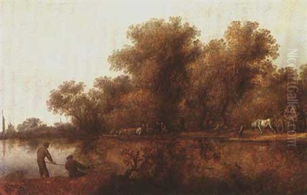 A River Landscape With Fishermen In The Foreground,         A Ferry, And A Waggon On The Far Bank Oil Painting by Salomon van Ruysdael