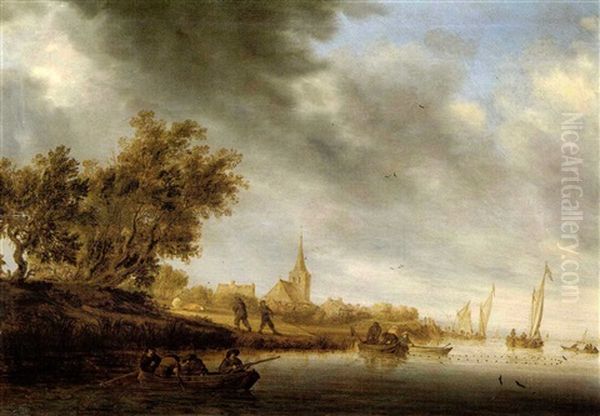 River Landscape With Sportsman And Fishermen Oil Painting by Salomon van Ruysdael