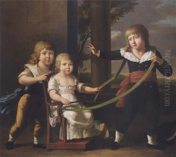 Portrait Of Charles, Michael And Anne Gordon Standing On A Terrace Oil Painting by Nicolas Joseph Ruyssen