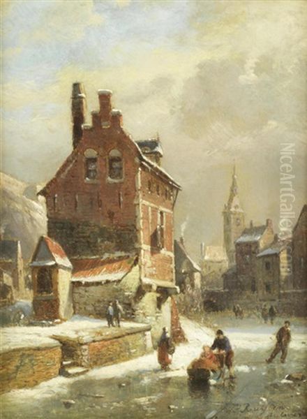 Street Scene With Horse And Cart; Figures Skating On A Frozen Canal (pair) Oil Painting by Jean (Jan) Michael Ruyten