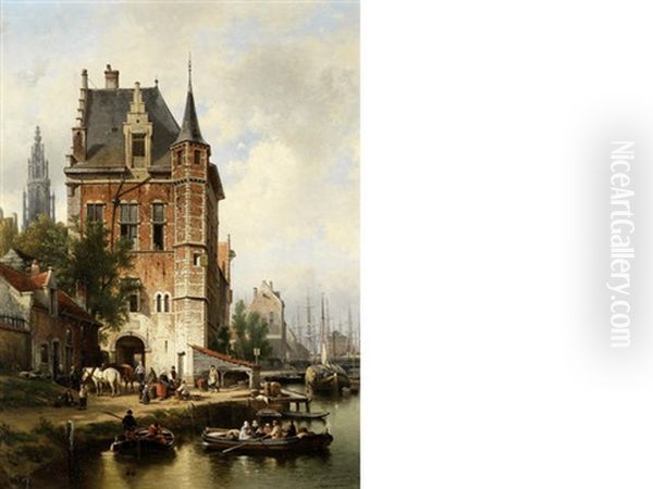 View Of Antwerp With The Spire Of Onze-lieve-vrouwekathedraal In The Background Oil Painting by Jean (Jan) Michael Ruyten