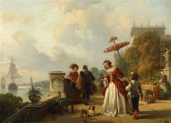 Gesellschaft Auf Der Schlossterrasse Mit Blick Auf Die Schelde Bei Antwerpen Oil Painting by Jean (Jan) Michael Ruyten