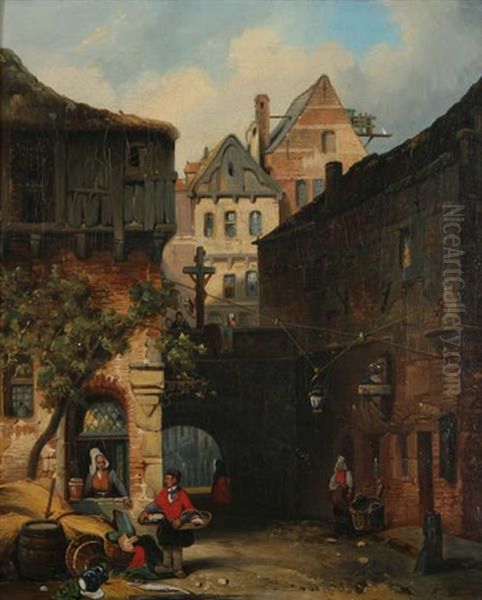 Vue D'anvers Anime D'un Marchand De Legumes Oil Painting by Jean (Jan) Michael Ruyten