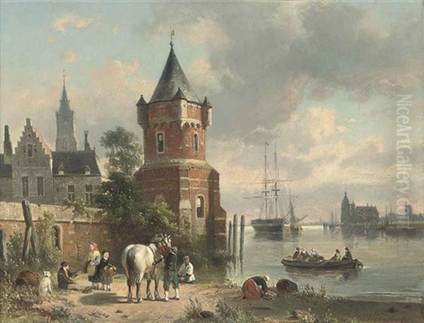 A Coastal Inlet With Figures And A Horse Before A Tower, A Ferry Beyond Oil Painting by Jean (Jan) Michael Ruyten