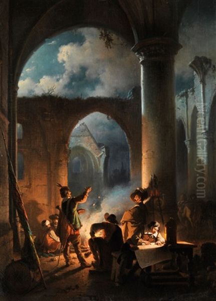 Landsknechte In Einer Ruine Bei Nachtlichem Feuer Oil Painting by Jean (Jan) Michael Ruyten