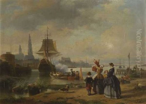 Im Hafen Von Antwerpen Begrusen Frauen Und Kinder Die Heimkehrenden Oil Painting by Jean (Jan) Michael Ruyten