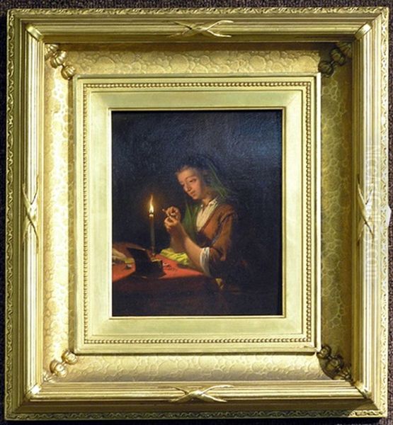 Young Woman With Her Needlework By Candlelight Oil Painting by Jean (Jan) Michael Ruyten