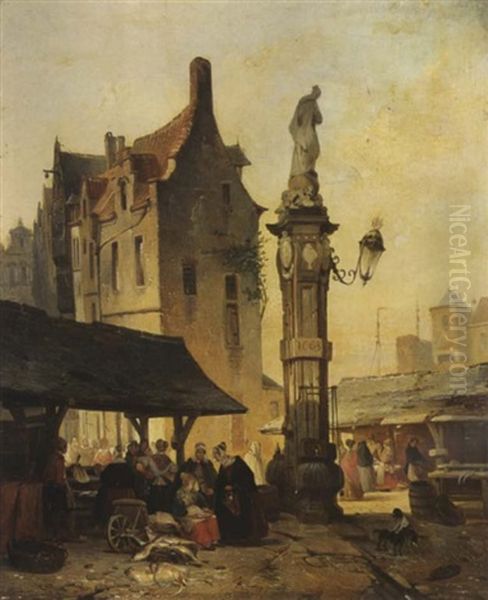 A Busy Market Oil Painting by Jean (Jan) Michael Ruyten