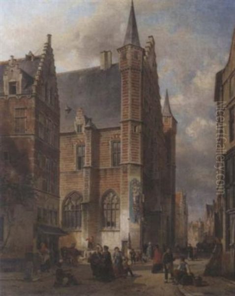 Bustling City Life Around The Vleeshal, Antwerp by Jean (Jan) Michael Ruyten