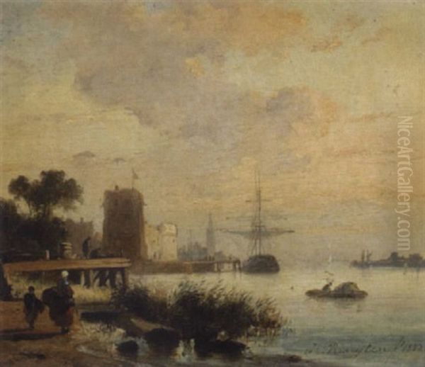 A River Landscape With Ships Moored To The Shore And Figures On The Bank In The Foreground Oil Painting by Jean (Jan) Michael Ruyten