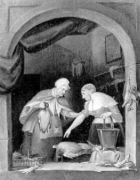 An Old Woman Selling Game To A Young Woman At A Stone Niche Oil Painting by Jean (Jan) Michael Ruyten