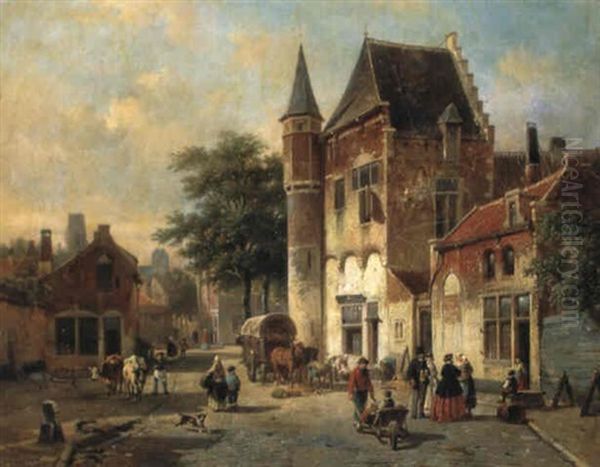 A View In A Street With Villagers Oil Painting by Jean (Jan) Michael Ruyten