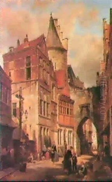 Town Scene With Figures Beforean Archway Oil Painting by Jean (Jan) Michael Ruyten