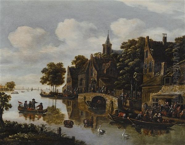 A River Landscape With A Village In The Foreground And Figures Drinking Outside An Inn Oil Painting by E. Ruytenbach