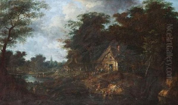 A Riverside Village With Figures And Horsemen Oil Painting by E. Ruytenbach