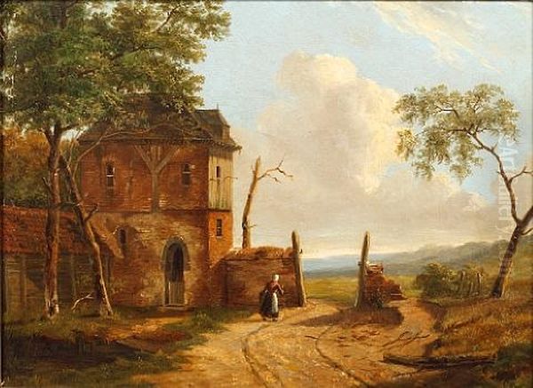 Figure By Farm Buildings Oil Painting by Abraham Jan Ruytenschildt