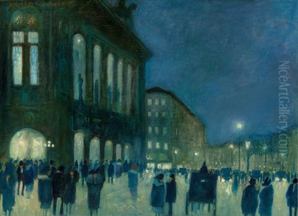 View Of The Vienna Staatsoper At Night Oil Painting by Hans Ruzicka-Lautenschlaeger