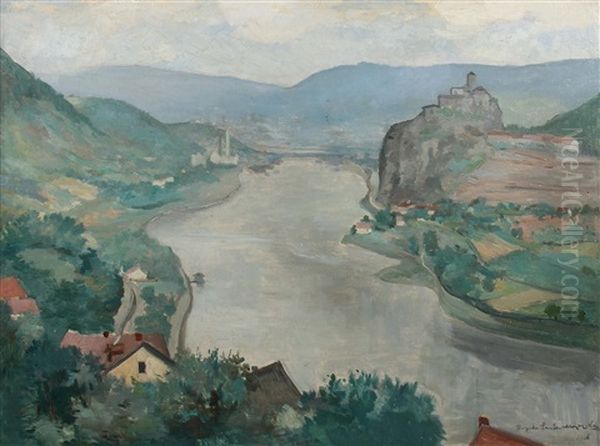 Elbetal Mit Blick Auf Burg Schreckenstein Bei Aussig Oil Painting by Hans Ruzicka-Lautenschlaeger