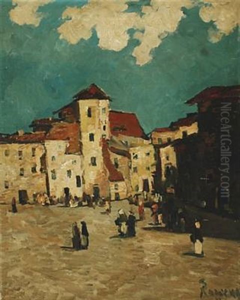 City Scene From An Italian Piazza With Street Life Oil Painting by Hans Ruzicka-Lautenschlaeger