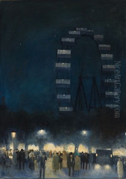 Im Prater Vor Dem Riesenrad Am Abend Oil Painting by Hans Ruzicka-Lautenschlaeger