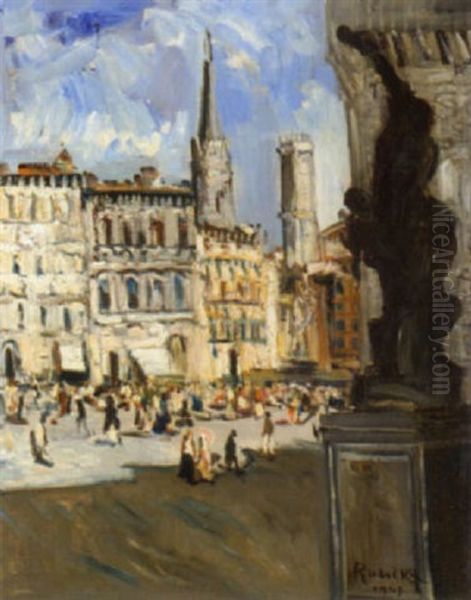 Verona Piazza D'erbe (?) Oil Painting by Hans Ruzicka-Lautenschlaeger