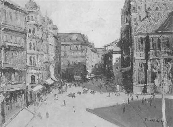 Stephansplatz, Wien 1929 Oil Painting by Hans Ruzicka-Lautenschlaeger